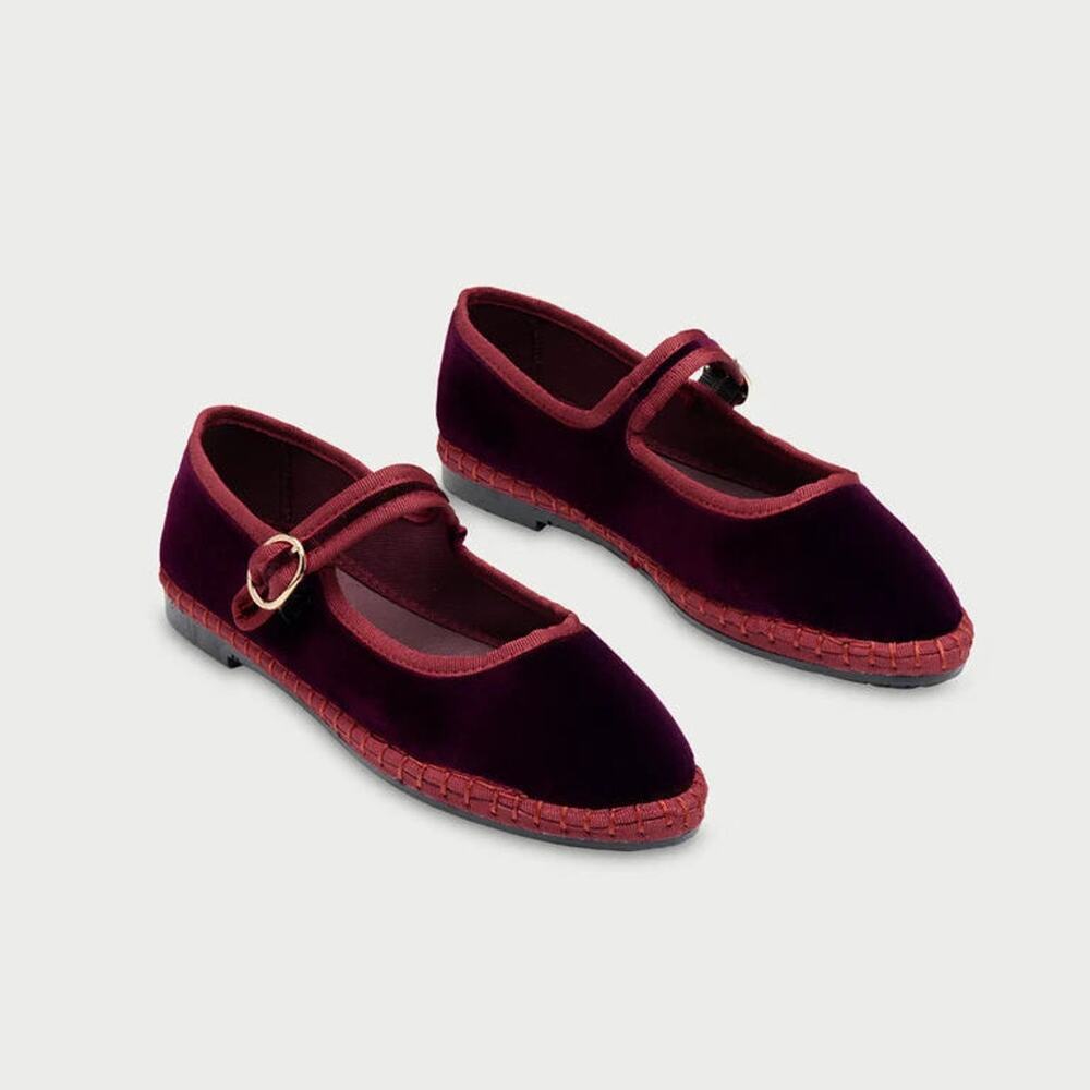 Flabelus Boris Velvet Slip On Round Toe Mary Jane Flats Burgundy Red Women EU 42